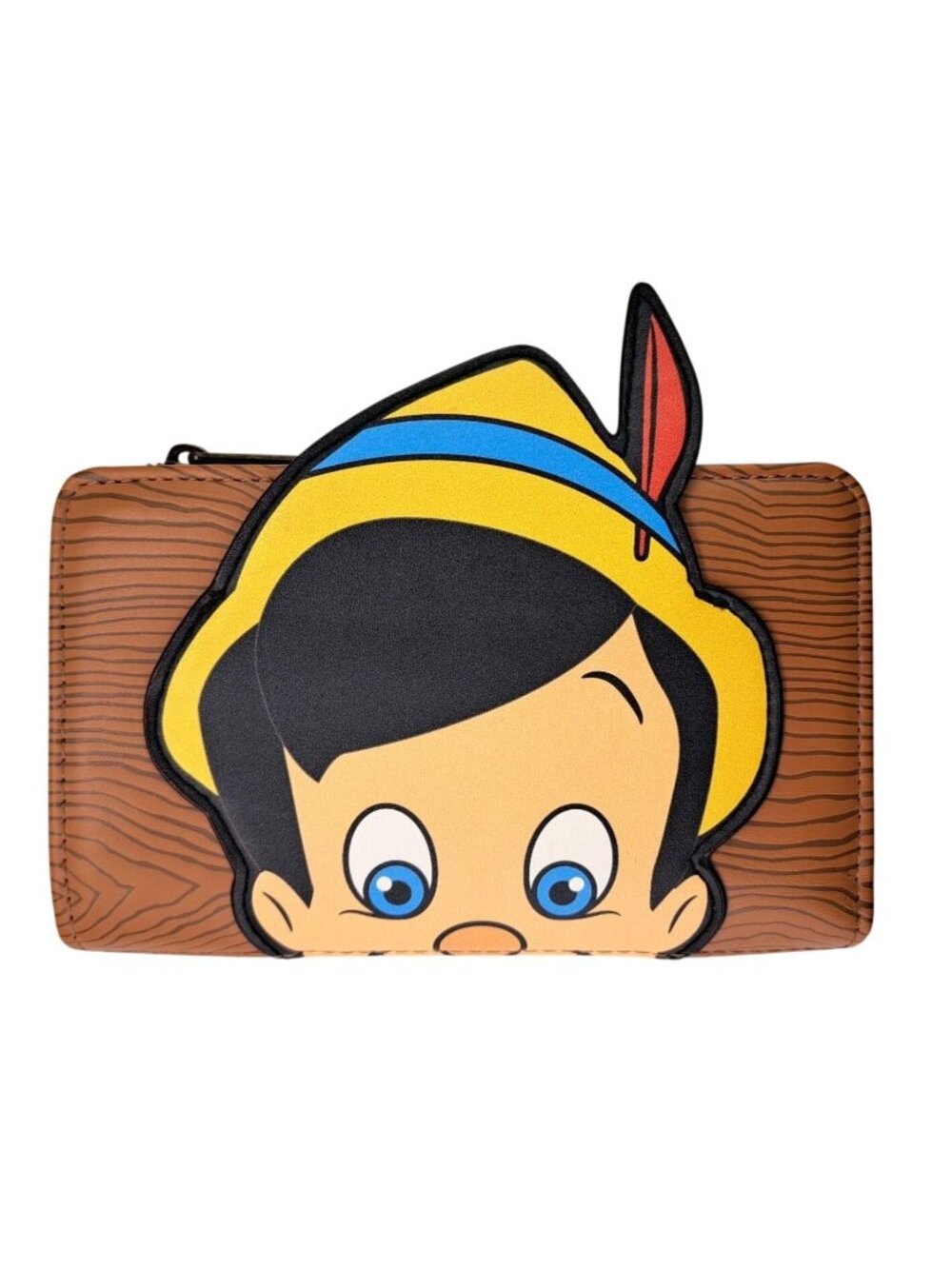 Disney Loungefly Pinocchio Flap Wallet Faux Leather Brown Yellow Zipper Snap New